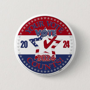 2024 Your Vote Counts VOTE 2024 Star Check Mark 6 Cm Round Badge