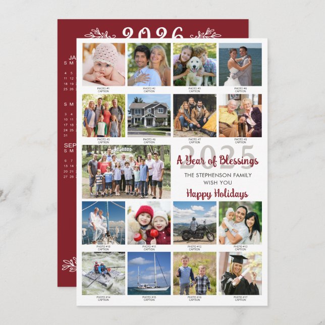2025 18 Photo Collage Captions 2026 Calendar Holiday Card (Front/Back)