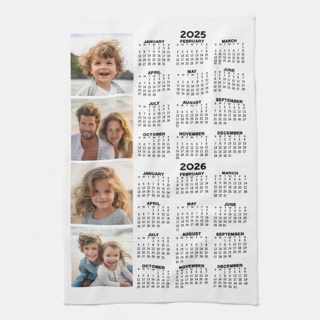 2025 2026 Calendar with 4 Photo Collage Tea Towel (Vertical)