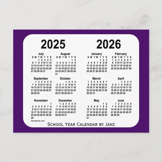 2025-2026 Purple Mini School Year Calendar by Janz Postcard (Front)