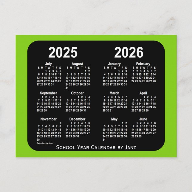 2025-2026 Yellowgreen Neon School Calendar by Janz Postcard (Front)