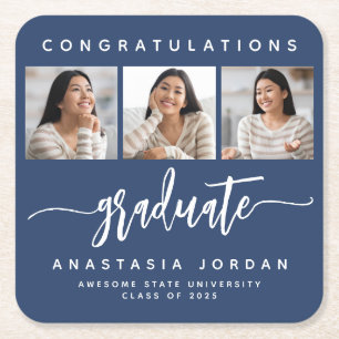2025 3-Photo Navy Blue Congratulations Graduate Square Paper Coaster
