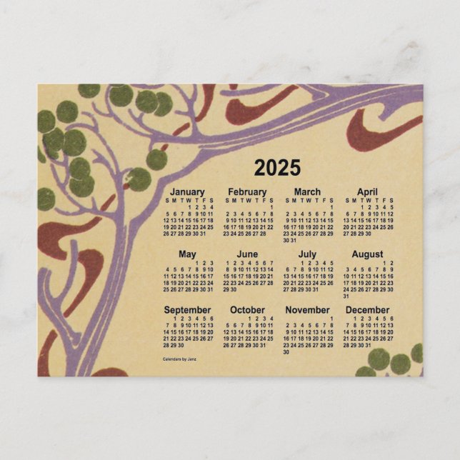 2025 Art Nouveau Mini Calendar by Janz Holiday Postcard (Front)