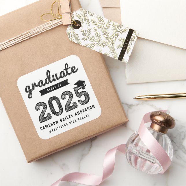 2025 Black Bold Sketch Graduate Modern Graduation Square Sticker (Gifting)