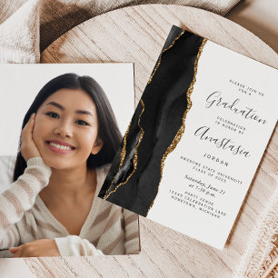 2025 Black Gold Agate Photo Graduation Invitation