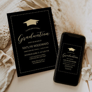 2025 Black Gold Cap Modern Graduation Party Invitation