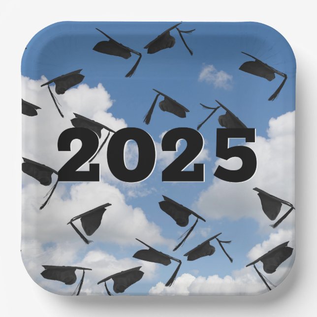 2025 Black Graduation Hats in Sky  Paper Plate (Front)