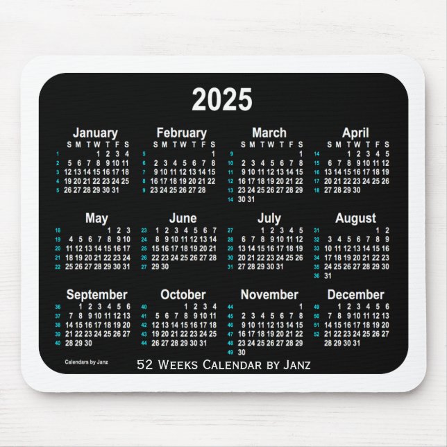 2025 Black Neon  52 Weeks Calendar by Janz Mouse Pad (Front)