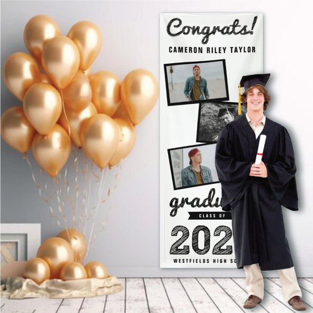 2025 Black Sketch 3 Photo Collage Graduation Party Banner (2024 White & Black Sketch 3 Photo, Modern Graduation Party Banner @ www.zazzle.com/color_therapy)