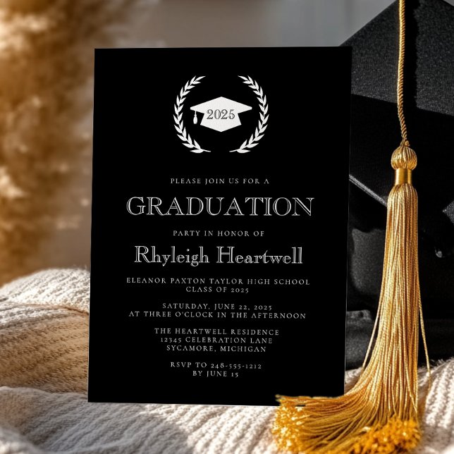 2025 Black White Laurel Wreath Cap Grad Party Invitation (Creator Uploaded)