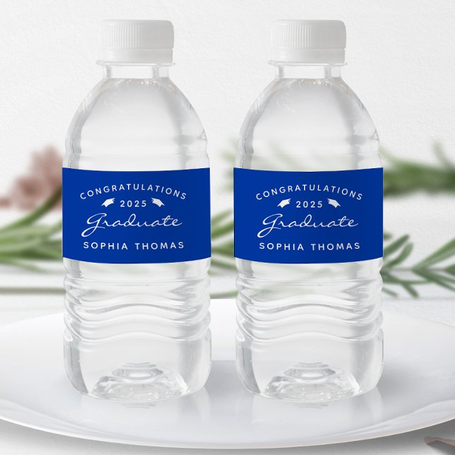 2025 Blue White Script Cap Graduation Water Bottle Label (Creator Uploaded)