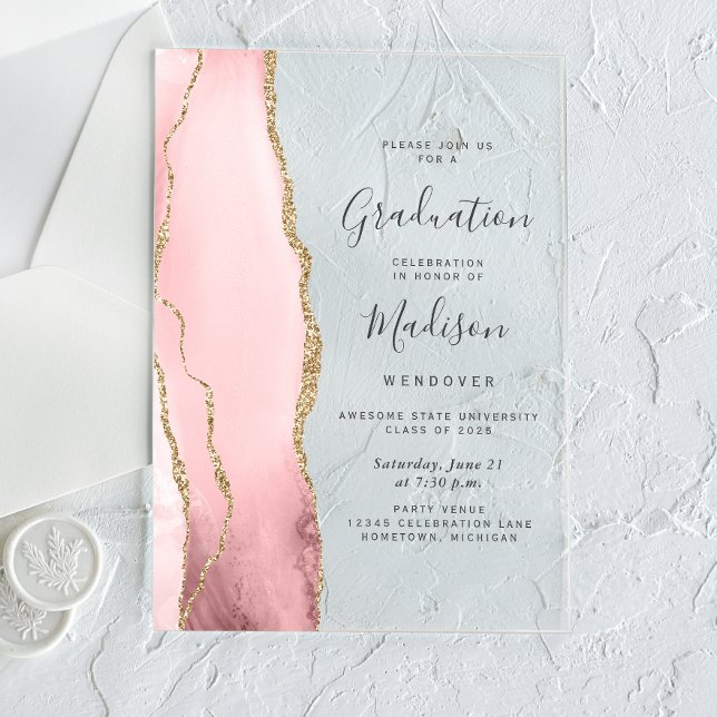 2025 Blush Pink Gold Agate Grey Text Graduation Acrylic Invitations (Creator Uploaded)