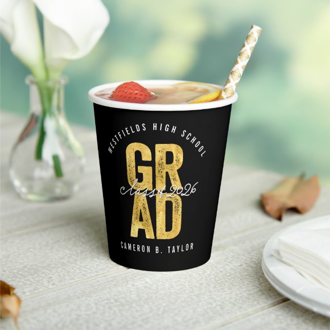 2025 Bold GRAD Gold Foil Stylish Graduation Party Paper Cups (Insitu)