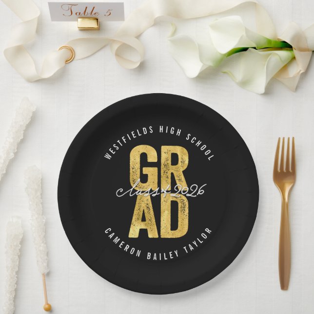 2025 Bold GRAD Gold Foil Stylish Graduation Party Paper Plate (Wedding)