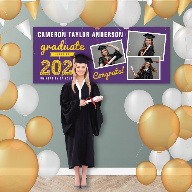 2025 Bold Sketch 3 Photo Collage Graduation Party Banner (2024 Purple And Gold Sketch, 3 Photo Modern Graduation Party Banner @ www.zazzle.com/color_therapy)