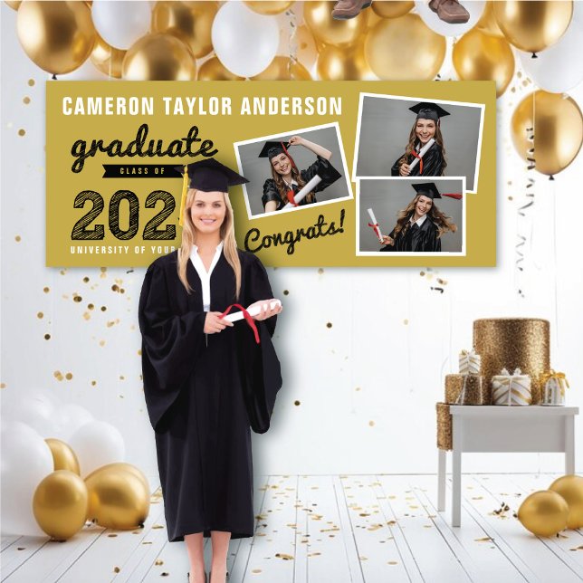 2025 Bold Sketch 3 Photo Collage Graduation Party Banner (2024 Gold & Black Sketch 3 Photo, Modern Graduation Party Banner @ www.zazzle.com/color_therapy)