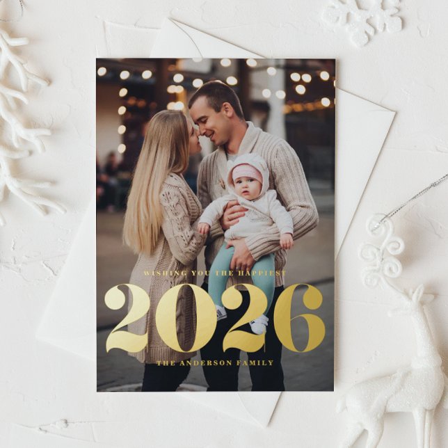 2025 Bold Typography Vertical Photo New Year Foil Holiday Postcard (Ring in 2026 with this Happy New Year vertical photo postcard featuring 2026 in gold foil. )