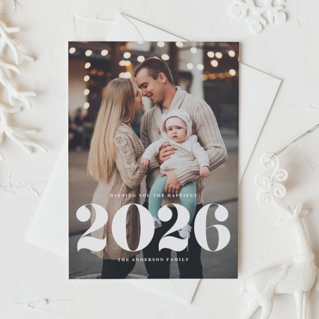 2025 Bold Typography Vertical Photo New Year Holiday Card (Ring in 2026 with this Happy New Year vertical photo card featuring 2026 in retro typography. )