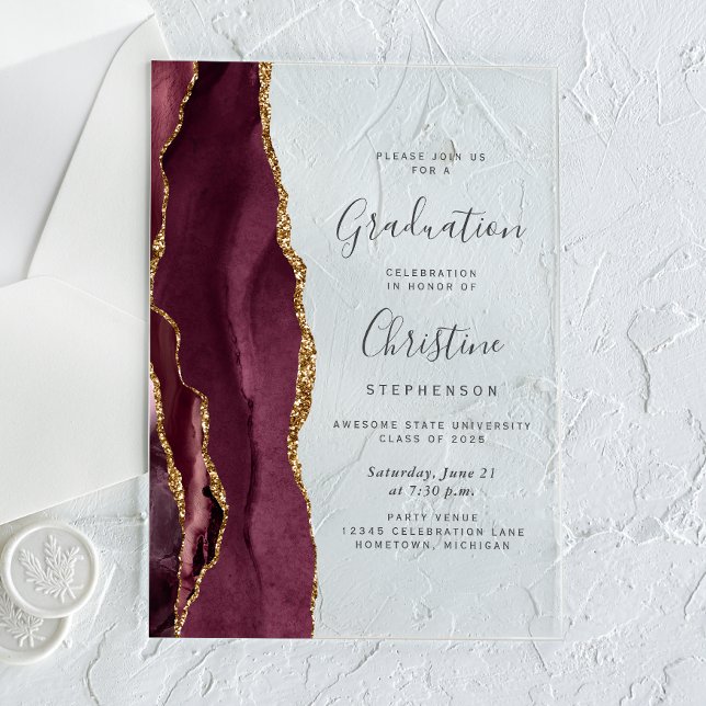 2025 Burgundy Gold Agate Grey Text Graduation Acrylic Invitations (Creator Uploaded)