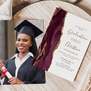 2025 Burgundy Gold Agate Photo Graduation Invitation