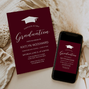 2025 Burgundy White Cap Modern Graduation Party Invitation