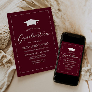 2025 Burgundy White Cap Modern Graduation Party Invitation