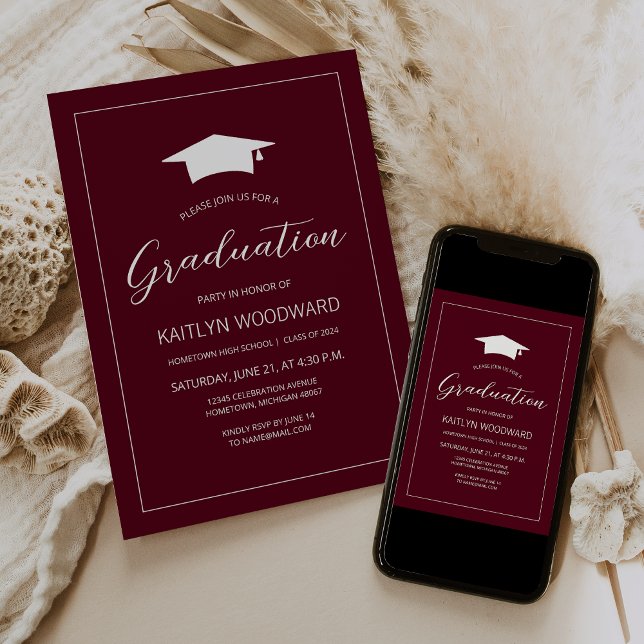 2025 Burgundy White Cap Modern Graduation Party Invitation (Creator Uploaded)