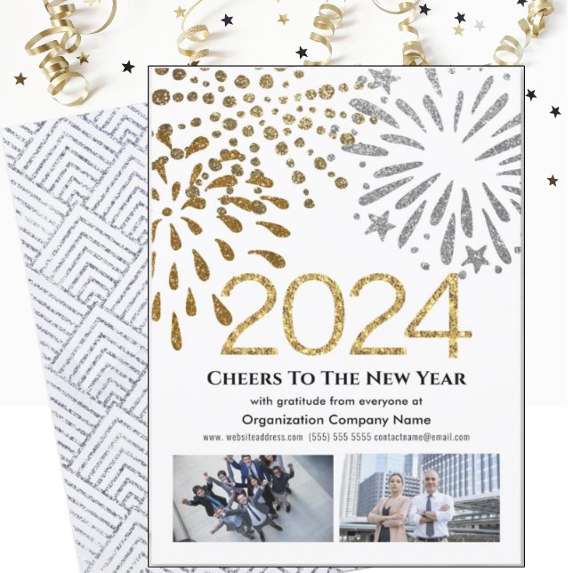 2025 Business 2 Photo Festive Fireworks Silver Holiday Card (Creator Uploaded)