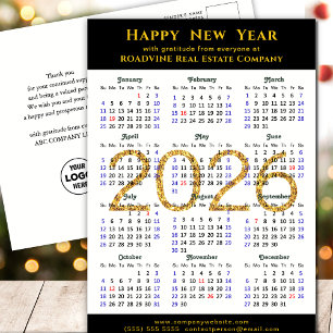 2025 Business Calendar Modern Black Gold Glitter Holiday Postcard