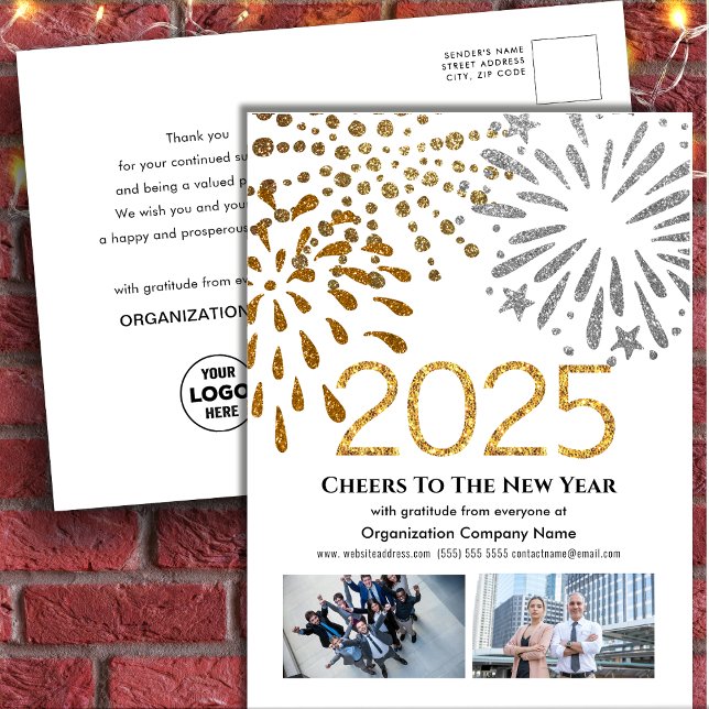 2025 Business Photo Festive Fireworks Gold Glitter Holiday Postcard (Creator Uploaded)