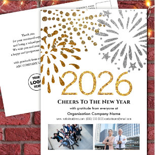2025 Business Photo Festive Fireworks Gold Glitter Holiday Postcard
