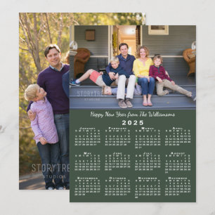 2025 Calendar 2 Photos Dark Green Happy New Year Holiday Card
