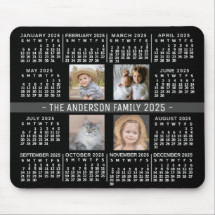 2025 Calendar 4 Custom Photo Name Black White Grey Mouse Pad