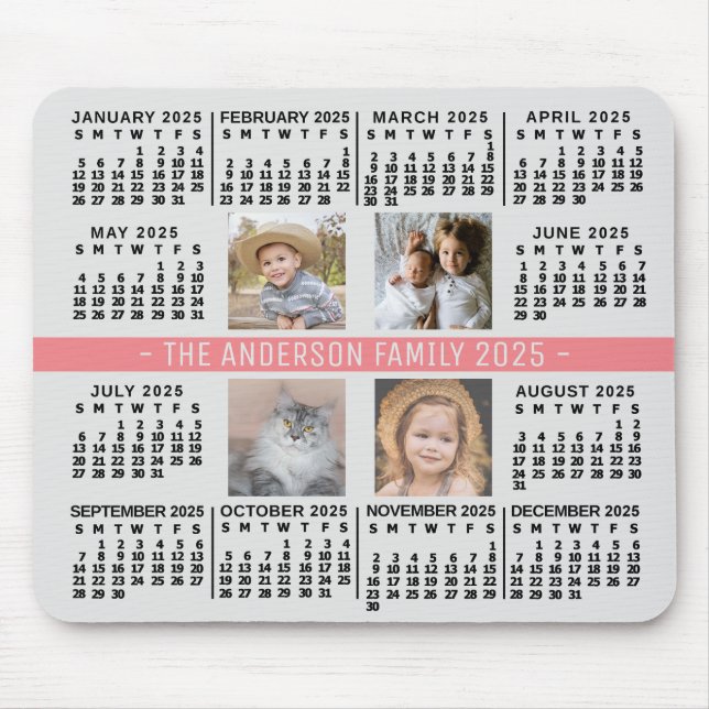 2025 Calendar 4 Custom Photo Name Grey Coral Black Mouse Pad (Front)