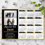 2025 Calendar Black Gold Business 2 Photo Magnetic<br><div class="desc">2025 Calendar Corporate Business Modern Gold and Black Hand-written Script 'Happy New Year' Simple 2 Photo Holiday Magnetic Card featuring 2024 Calendar with public holidays. All the texts are pre-arranged for you to personalise easily and quickly with your own details.</div>