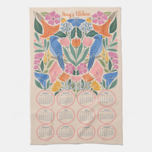 2025 Calendar - Blue Jay and Blooms Tea Towel