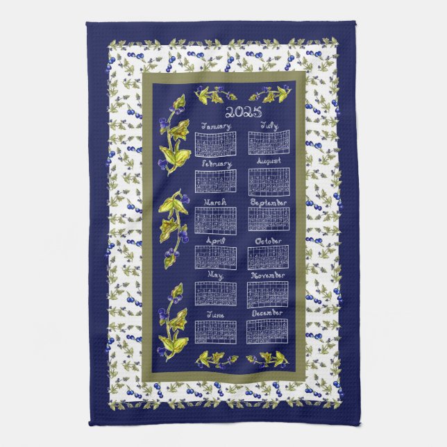2025 Calendar Blueberries Stemmed Leaves Navy Tea Towel (Vertical)