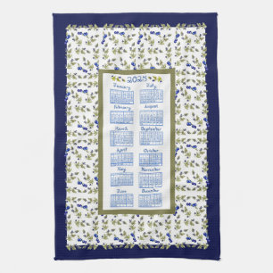 2025 Calendar Blueberry Stem Leaves White Navy Tea Tea Towel