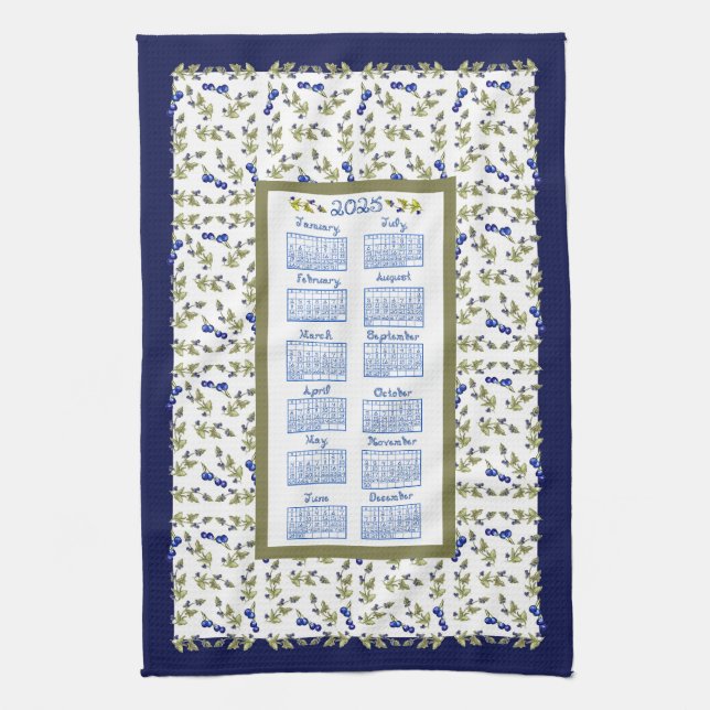 2025 Calendar Blueberry Stem Leaves White Navy Tea Tea Towel (Vertical)