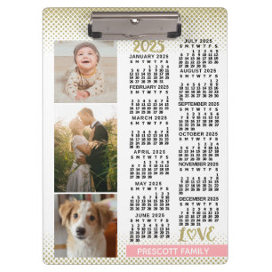 2025 Calendar Blush Pink Gold Family Photo Collage Clipboard