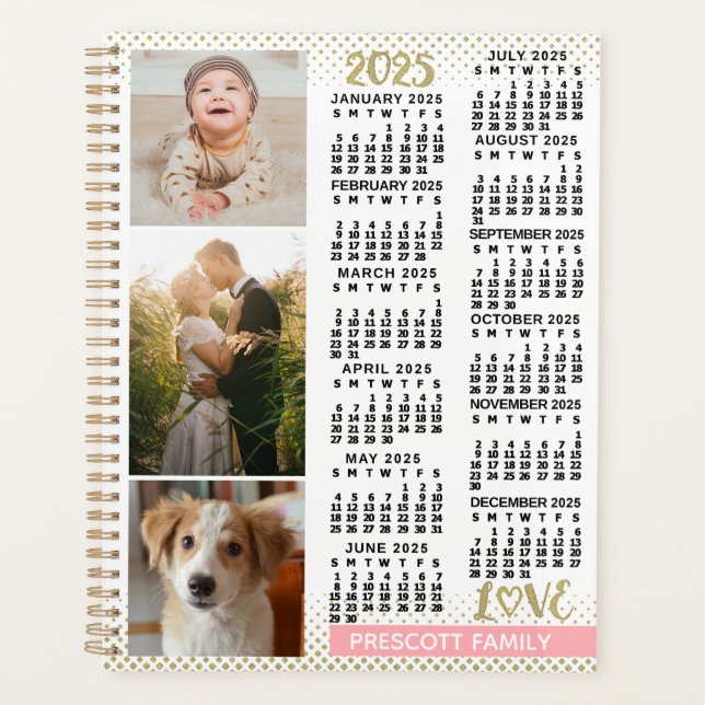 2025 Calendar Blush Pink Gold Family Photo Collage Planner (Front)