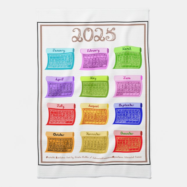 2025 Calendar Bolt Fabric Font 12 Colour Months Tea Towel (Vertical)