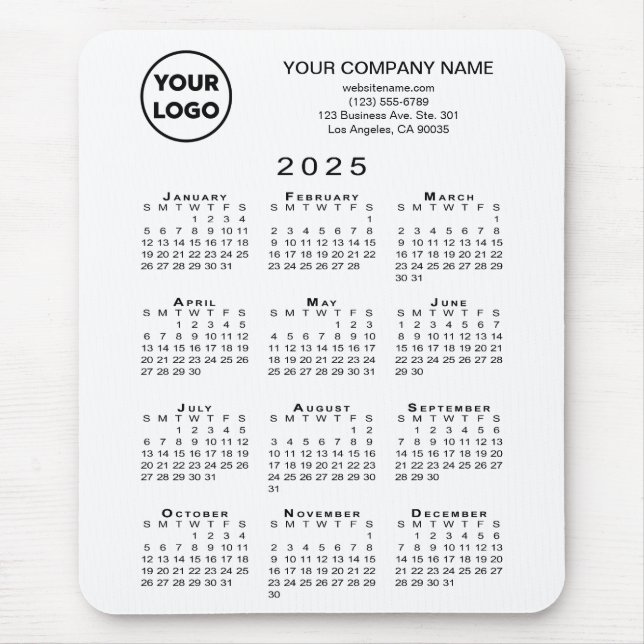 2025 Calendar Business Logo and Text on White Mouse Pad (Front)