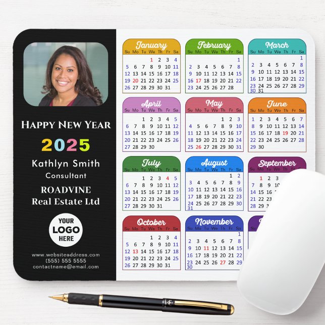 2025 Calendar Business Logo Modern Black Colourful Mouse Pad (Creator Uploaded)