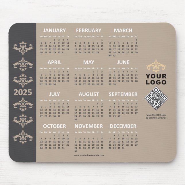 2025 Calendar Business Logo QR Code Latte Baroque Mouse Pad (Front)