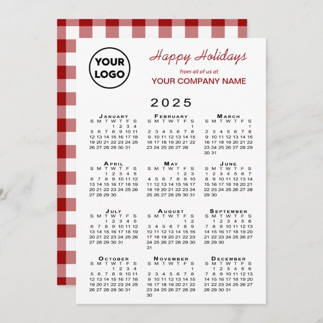 2025 Calendar Business Logo Red White Gingham Holiday Card (Front/Back)