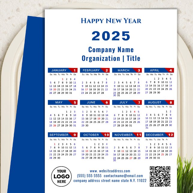 2025 Calendar Business Logo US Patriotic Blue Red Holiday Card (Creator Uploaded)