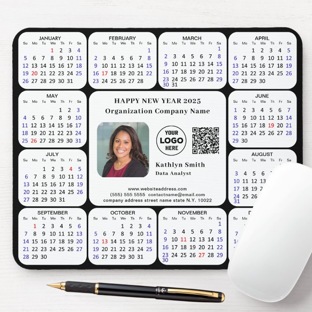 2025 Calendar Business Photo Logo QR Modern Black Mouse Pad (Creator Uploaded)