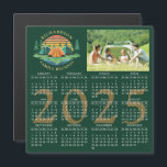 2025 Calendar Camping Family Reunion Dark Green<br><div class="desc">This magnetic 2025 calendar on a dark green background was designed for a camping theme Family Reunion. The template makes it easy to upload a custom photo and customise the text with your family name. The design features a vintage sunset illustration with tents in a pine tree forest near a...</div>