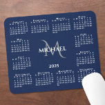 2025 Calendar Chic Monogram Name on Navy Blue Mouse Pad<br><div class="desc">Chic 2025 calendar mouse pad features an elegant custom name and monogram above the year in the middle surrounded by a white calendar on a navy blue background. Add your name and initial in the sidebar. Makes a great gift!

Copyright ©Claire E. Skinner. All rights reserved.</div>